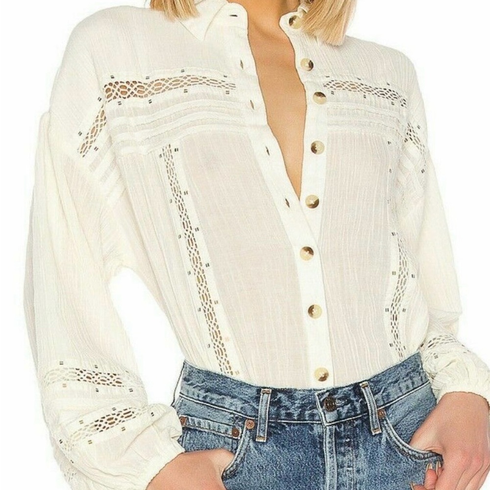 Free People Women’s Summer Stars Button Front Cutout Shirt Ivory Balloon Slv XS